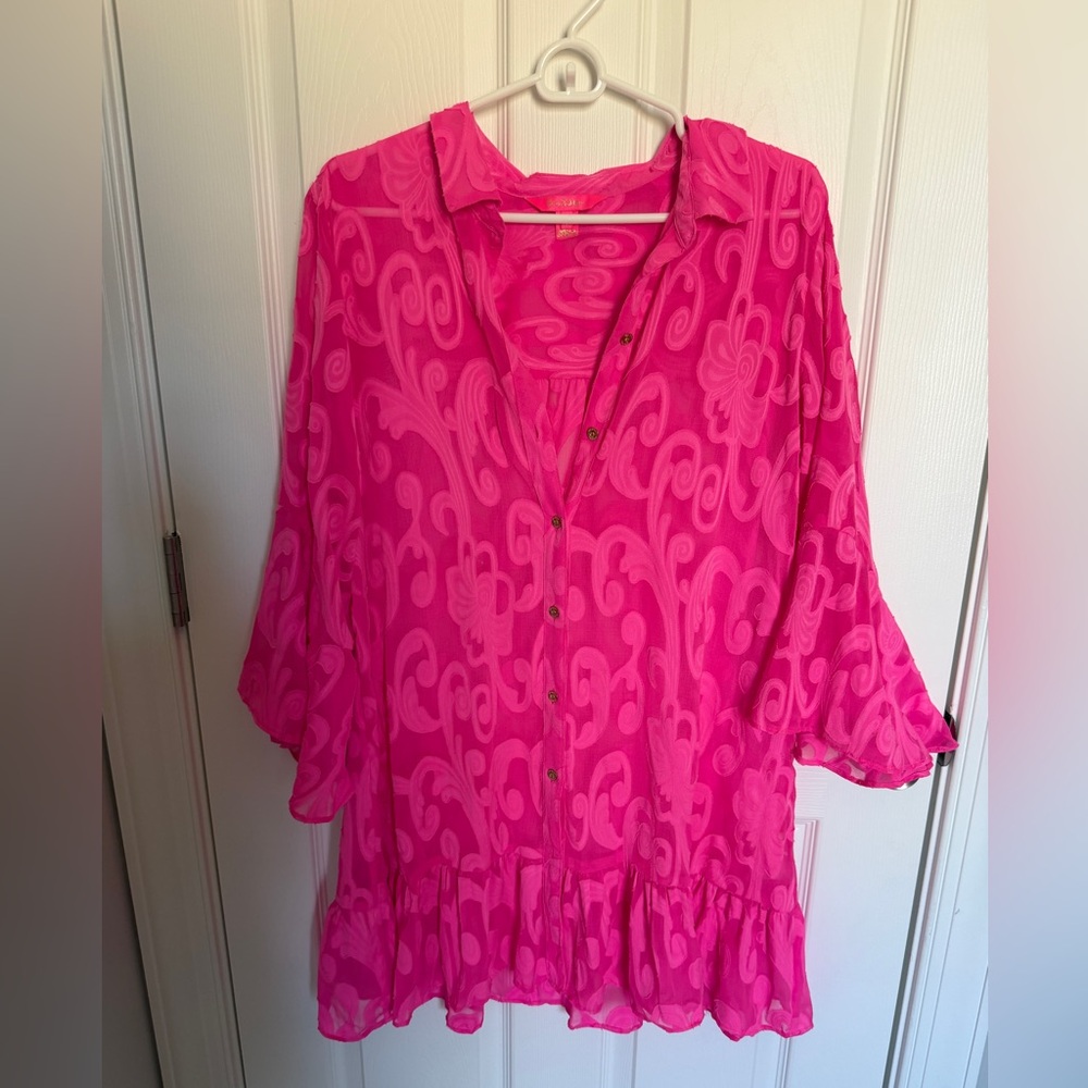 Lilly Pulitzer Bright Pink Swirl-Print Button Front Coverup